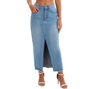 Women's Denim Skirt Split Front Raw Hem Washed Maxi Jean Skirts Light Blue